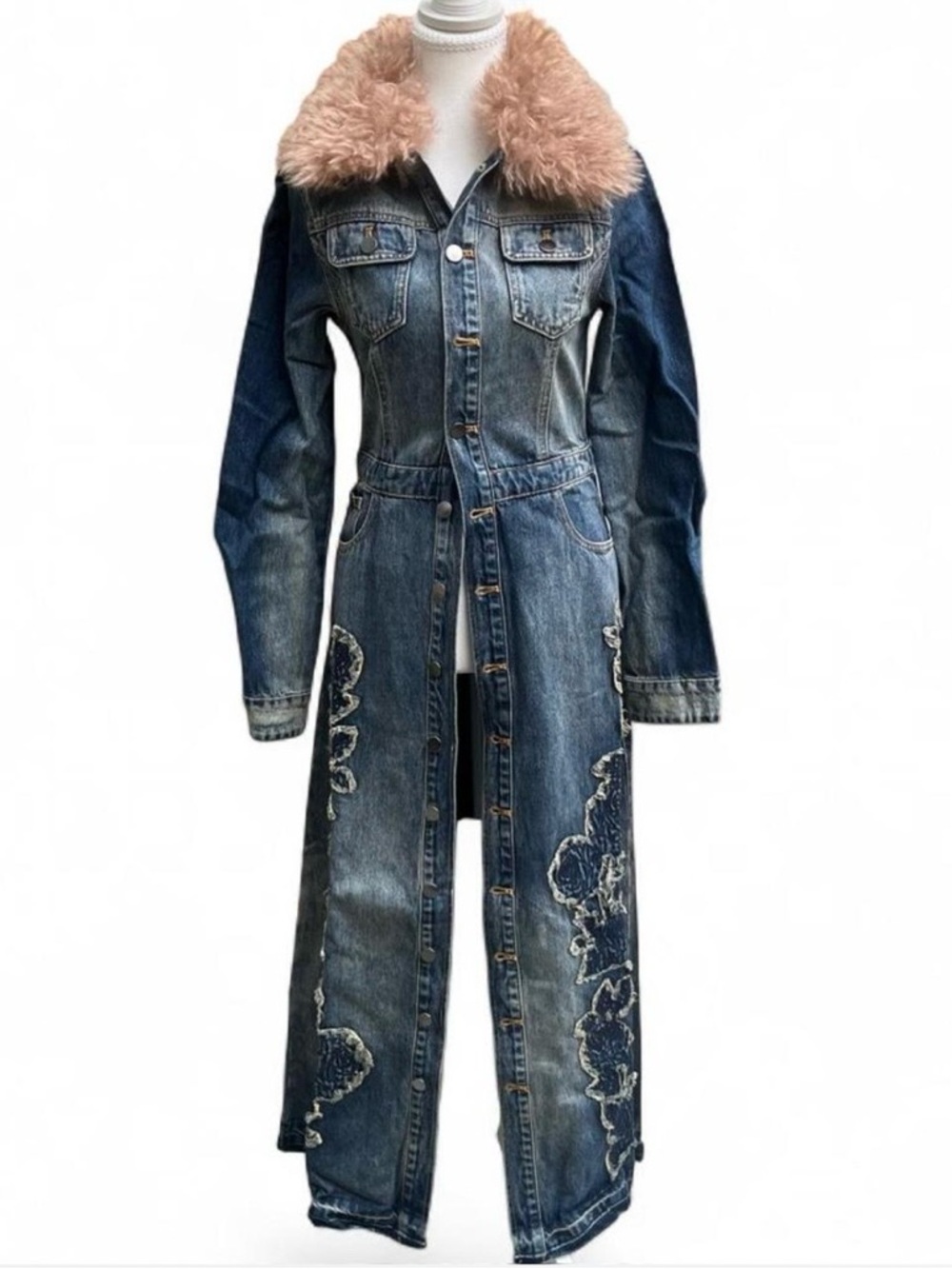 dELiA*s Blue Denim Longline Trench Coat with Faux Fur Collar